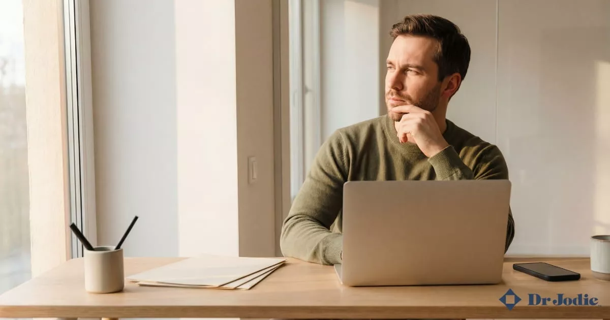 professional thinking at laptop about ai impact on work in a modern office